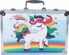 A close-up, front-facing view of a children's art case decorated with a unicorn and rainbow theme. Podgląd zdjęcia produktu