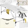 A collage of images showing a white massage table, its accessories, and its carrying case. Náhled obrázku produktu