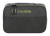 A dark gray toiletry bag with a mesh front pocket and the brand name 'travelite' in green. Produktbild-Vorschau