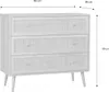 A white dresser with rattan drawer fronts and wooden legs, with dimensions indicated by arrows and text. Anteprima dell’immagine prodotto