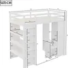 A diagram showing the dimensions of a white loft bed with integrated storage and shelving. Anteprima dell’immagine prodotto