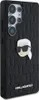 A black phone case with a Karl Lagerfeld monogram pattern and a Karl head pin. Produktbild-Vorschau