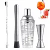 A set of cocktail making tools including a shaker, muddler, jigger, and bar spoon, along with two cocktail drinks and strawberries in the background. Produktbild-Vorschau