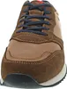 A close-up, front-facing view of a brown and tan sneaker with blue laces. Produktbild-Vorschau