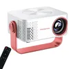 A white and red mini projector with a remote control on a white background. Produktbild-Vorschau
