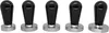 Five black and silver coffee tampers lined up against a white background. Produktbild-Vorschau