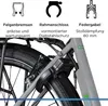 Close-up view of an electric bicycle's rear wheel and frame, highlighting specific components with text descriptions. Produktbild-Vorschau