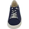 A front view of a blue sneaker with white laces and a beige trim. Produktbild-Vorschau