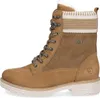 A side view of a brown lace-up boot with a white sole and beige and white striped cuff. Produktbild-Vorschau