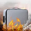A fireproof document bag is shown with flames and water effects, suggesting its protective qualities. Voir les images du produit