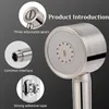 A product introduction image for a shower head, showing close-ups of its features and the main product. Produktbild-Vorschau