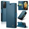 A collage of images showing a blue leather wallet-style phone case for a Samsung Galaxy S21 Ultra 5G. Produktbild-Vorschau