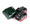 A green battery charger and two black and red batteries are arranged on a white background. Podgląd zdjęcia produktu