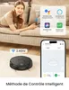 A woman is lying on a couch using a smartphone, while an image below shows a robotic vacuum cleaner and its app interface. The collage aims to demonstrate the smart control features of the vacuum cleaner. Voir les images du produit