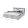 A light gray upholstered bed with a headboard and bedding, shown with dimensions indicated by lines and text. Produktbild-Vorschau