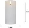 A white LED candle with a flame is shown next to size indicators. Produktbild-Vorschau