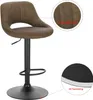 A brown bar stool with a black base and stem, shown with close-up insets highlighting the material and base. Produktbild-Vorschau