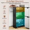 A narrow kitchen cart with four colored shelves, placed between kitchen cabinets and a refrigerator. Icons and text on the left describe storage uses. Podgląd zdjęcia produktu