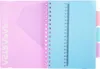 An open spiral notebook with a pink cover on the left and a blue cover on the right. The blue cover has a ruler printed on it and tabbed dividers. Text is visible on both covers. Produktbild-Vorschau