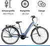 A blue electric bicycle with informational graphics above it. Produktbild-Vorschau