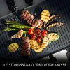 A close-up overhead view of a grill with various foods being cooked on it, including meat skewers, asparagus, tomatoes, potatoes, zucchini, and mushrooms. Náhľad obrázku produktu