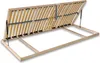 A wooden bed frame with a slatted base, shown in an open position with gas struts supporting the lifted section. Produktbild-Vorschau