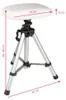 A white footrest stool with a silver tripod base, shown with measurement indicators. Produktbild-Vorschau