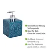A teal ceramic soap dispenser with a silver pump is shown next to descriptive text in German and English. Náhled obrázku produktu