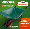 A green wheelbarrow is shown against a green background with marketing text and a brand logo. Produktbild-Vorschau