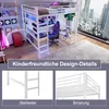 A loft bed with a desk and gaming setup, shown with detail shots of its ladder and railing. Produktbild-Vorschau
