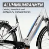 Close-up of the frame and battery of a silver e-bike. Produktbild-Vorschau