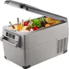 A portable refrigerator filled with food and drinks, with its lid open. Voir les images du produit