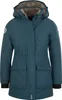 A teal parka jacket with a fur-lined hood, presented against a white background.