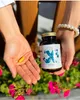 A person holds a single capsule in their palm next to a bottle of supplements, with flowers in the background. Anteprima dell’immagine prodotto
