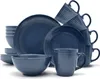 A collection of dark blue stoneware dishes and mugs are neatly stacked and arranged against a white background. Produktbild-Vorschau