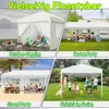 A collage of four images showing a white gazebo or tent being used in different outdoor settings: camping, garden party, beach party, and picnic. Produktbild-Vorschau