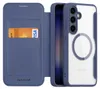 A blue flip case for a Samsung Galaxy S24 phone, shown open to reveal a card slot and the phone itself. Voir les images du produit