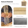 Collage showing the natural material used in furniture construction, including a close-up of hands weaving rattan, a roll of rattan material, and a comparison with plastic rattan. Podgląd zdjęcia produktu