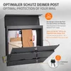 A dark gray mailbox mounted on a textured wall, with its front door open to reveal mail inside. Text overlays describe features and benefits. Produktbild-Vorschau
