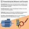 An image showing an electric motor and a multimeter, with German text providing instructions and warnings about using a dimmer with motors and pumps. Produktbild-Vorschau