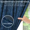 A hand is holding a dark blue curtain with a floral pattern, with text overlays describing the material. Produktbild-Vorschau