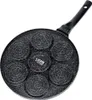 A black pancake pan with seven circular indentations and a black handle, set against a white background. Anteprima dell’immagine prodotto