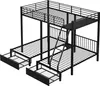 A black metal triple bunk bed with drawers underneath the bottom bunks, shown from a diagonal angle against a white background. Anteprima dell’immagine prodotto