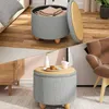 A collage of images showing a round storage ottoman with a wooden lid, in different settings. Produktbild-Vorschau
