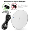 Image shows a wireless charger and a USB cable, along with diagrams illustrating the correct and incorrect power adapters to use. Produktbild-Vorschau
