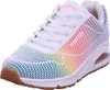 A single white Skechers Uno sneaker with a rainbow-colored grid pattern on the side, shown from a slightly angled front view against a white background. Voir les images du produit