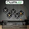 A group of five black cube-shaped pendant lights hanging against a dark, textured wall. Produktbild-Vorschau
