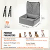 A dog car seat with product parameters and dimensions displayed. Náhled obrázku produktu