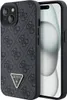 A black iPhone case with a repeating Guess logo pattern and a small triangle logo with 'Guess USA' and a question mark on it. Voir les images du produit