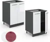 Two kitchen base cabinets are shown, one closed and one with a door ajar, along with two circular color swatches. Anteprima dell’immagine prodotto